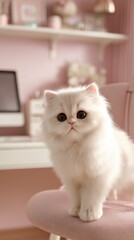 A fluffy white Persian kitten with large eyes stands on a soft pink chair. The room has a warm ambiance, featuring pastel colors and a computer in the background.