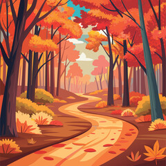 Autumnal path winds through colorful forest.