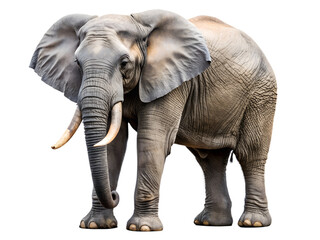 Obraz premium Majestic african elephant standing tall isolated on transparent background, showcasing its impressive tusks and wrinkled skin in a captivating wildlife portrait