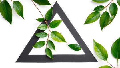minimalist geometric composition with green leaves and black triangle