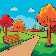 Vector illustration of a Autumn park bench scene.