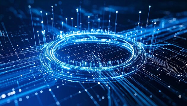 Dynamic depiction showcasing a neon-blue, circular, circuit board design. Digital pathways and glowing nodes radiate outwards and connect, suggesting network flow,