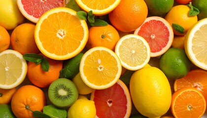 A vibrant overhead shot displays an array of colorful citrus fruits and a kiwi, arranged in a visually appealing composition