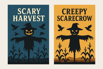Obraz premium Two vertical A6 banners flat vector design blue and backgrounds spooky scarecrow silhouettes flying crows field scene first banner with text Scary Harvest second banner with text Creepy.