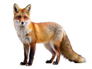Fototapeta premium A beautiful red fox isolated on transparent background, captured in a side view, displaying its stunning coat and elegant posture in a striking image