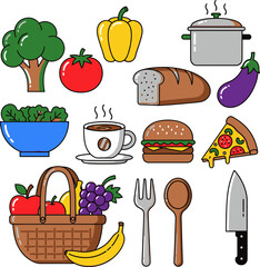 Kitchen and cooking icons with vegetables, utensils, and food.