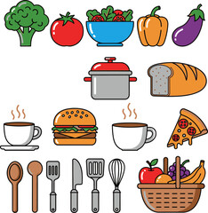 kitchen, cooking, utensils, food, vegetables, recipe, cookware, kitchenware, culinary, restaurant, chef, ingredients, spoon, fork, knife, kitchen vector, cooking icons, meal, cookware set, cooking too