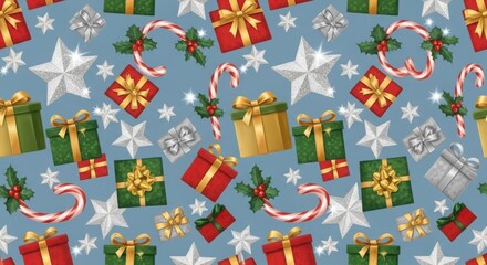 Festive christmas pattern with gifts, candy canes, and stars