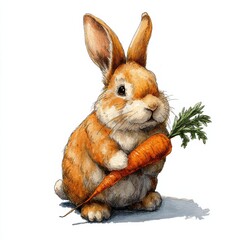 A charming rabbit with orange and white fur holds a fresh carrot, showcasing its playful demeanor. The bright illustration captures the essence of this adorable creature.