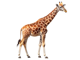 A majestic giraffe isolated on transparent background, standing tall and graceful, showcasing its unique pattern and long neck in a full shot