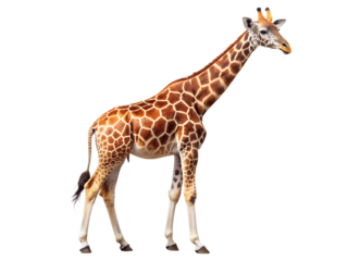 A majestic giraffe isolated on transparent background, standing tall and graceful, showcasing its unique pattern and long neck in a full shot