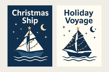 Two vertical A6 banners flat vector design navy and white backgrounds christmas sailing ship with lights holiday on sea first banner with text Christmas Ship second banner with text Holiday.