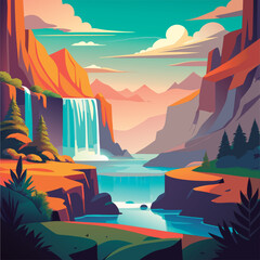 Vector illustration of a Stunning mountain waterfall landscape.