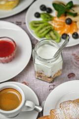 Breakfast scene with various delicious food items