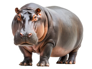A hippopotamus stands tall, isolated on transparent background, showcasing its massive size and unique features in a captivating wildlife portrait