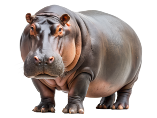 A hippopotamus stands tall, isolated on transparent background, showcasing its massive size and unique features in a captivating wildlife portrait