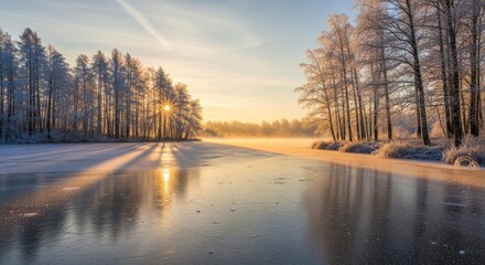 Winter sunrise over a frozen lake with trees and mist