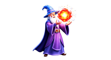 enchanted wizard mastering fireball magic, 3d model animation, isolated on transparent background