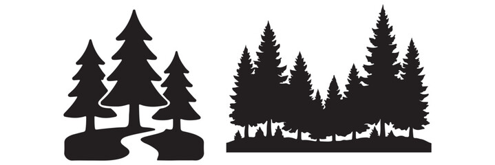 Obraz premium Tree silhouette vector set, forest illustration pack, black tree icons, nature clipart collection, editable design elements, flat plant shapes