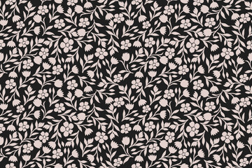 Elegant seamless floral pattern with soft pink flowers and leafy branches on a deep black background. Perfect for fabric, wallpaper, gift wrap, and digital design projects.