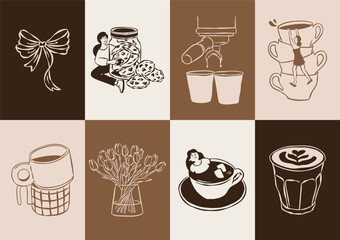 Sketch style coffee and desserts doodle collection. Art for greeting cards, restaurant menu, poster design, postcards, branding, logo design, patterns.