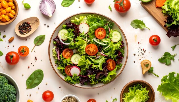 A vibrant overhead shot of a fresh salad in a bowl, surrounded by an array of colorful vegetables and ingredients like tomatoes, cucumbers, radishes, and greens - Powered by Adobe