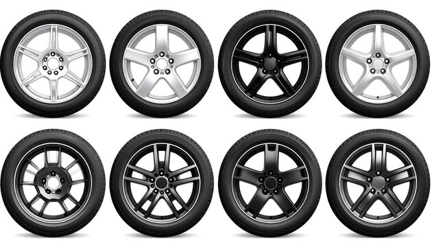 Eight detailed illustrations of vehicle tires and alloy wheels, arranged in two rows. The wheels display diverse designs, ranging in color and spoke configuration, set against a clean, white backdrop