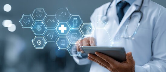 Doctor using a tablet with holographic medical icons