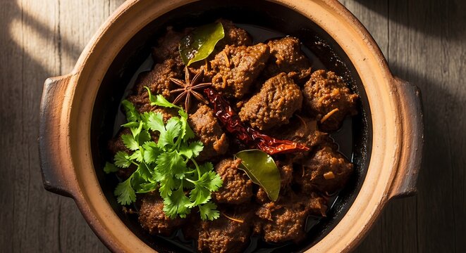 Authentic Indonesian beef rendang served in traditional earthen pot dish