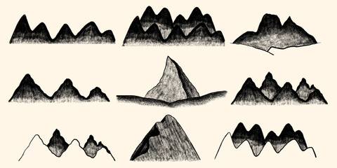 Stipple Grain Mountain Set. Nature Texture Dot Landscape. Vector Illustration Grunge Noise Background 