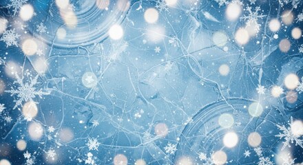 Winter ice texture with snowflakes and bokeh lights