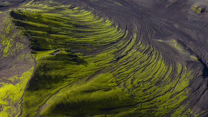 Aerial View of Moss Covered Volcanic Landscape in Iceland