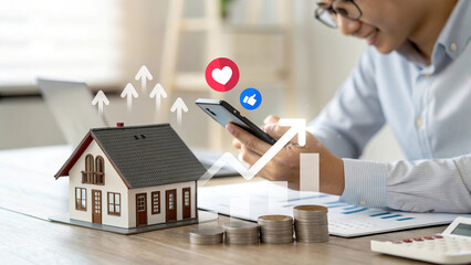 Real estate investment growth, property market with social media marketing, businessman using smartphone with house model and coin stacks, financial technology in housing market, real estate fintech w