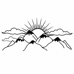 Fototapeta premium Minimilist illustration of a mountain range with snow capped peaks and a rising sun with clouds in the sky line art vector