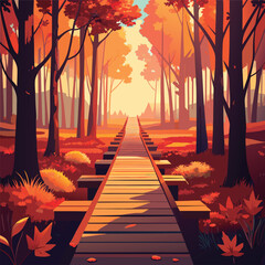 Autumnal wooden path through the forest.