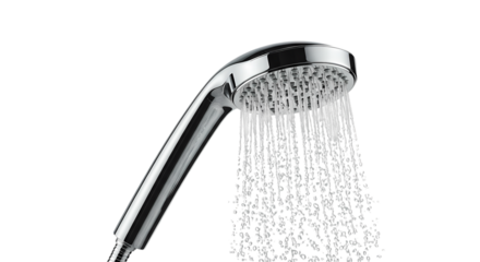 Closeup of a Modern Shower Head with Water Flowing Bathroom Fixture Detail isolated on transparent background