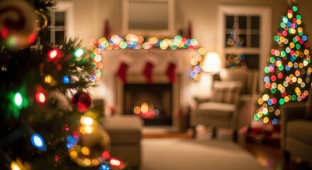 Cozy living room with a decorated christmas tree and fireplace