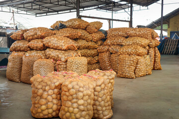 Potato Harvest Storage in Sacks at Wholesale Market