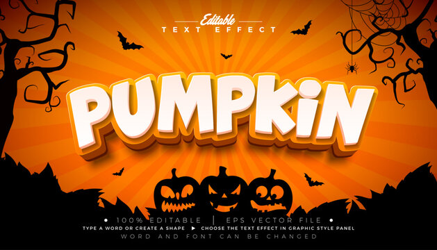Pumpkin Text Effect Illustration Editable Graphic Style with Orange and White Typography Lettering on Scary Cemetery Halloween Background. Scalable Vector Autumn Holiday Design Template for Greeting