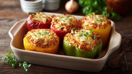 Colorful stuffed bell peppers in ceramic dish garnished with herbs on rustic table. Baked bell peppers filled with Thanksgiving leftovers, concept of homemade fall comfort food