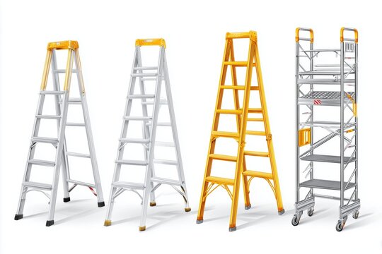 Various types of ladders arranged in a row showcasing different designs and purposes for home improvement and construction tasks in a workshop setting