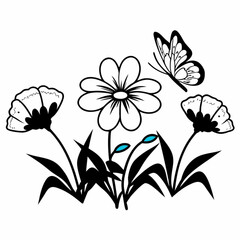 Minimilist illustration of a butterfly flying above a flower garden with various blooms and leaves in black and white vector