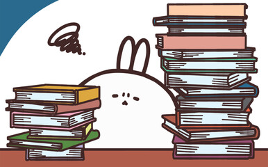 たくさんの本に囲まれながらうんざりしているウサギのイラスト
