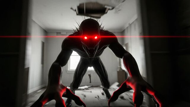 A terrifying monster with glowing red eyes runs through an abandoned house. Perfect for thrillers and horror films.
