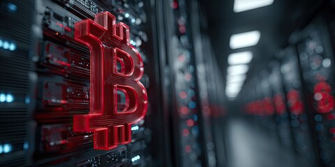Bitcoin symbol on server rack in data center