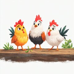 Three vibrant cartoon-style chickens gather on a wooden log, engaged in conversation, surrounded by greenery and a curious caterpillar. The scene is animated and cheerful.