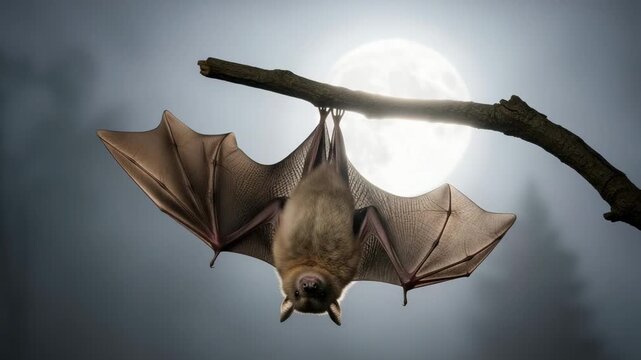 Mysterious night video: A bat hangs upside down on a branch against the backdrop of a full moon. Atmospheric and mystical video. Perfect for Halloween and horror movies.