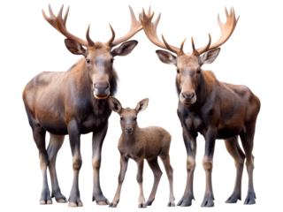 Two adult moose and a calf standing together isolated on transparent background, showcasing their majestic antlers and family bond in nature