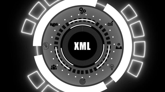 Futuristic Circular Interface with XML Text and Business Icons on Black Background Extensible Markup Language