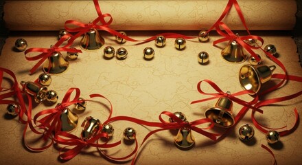 Golden jingle bells tied with red ribbons on a parchment background